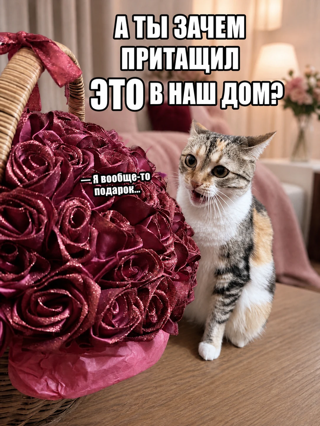 Кошка рассматривает корзину бордовых атласных роз