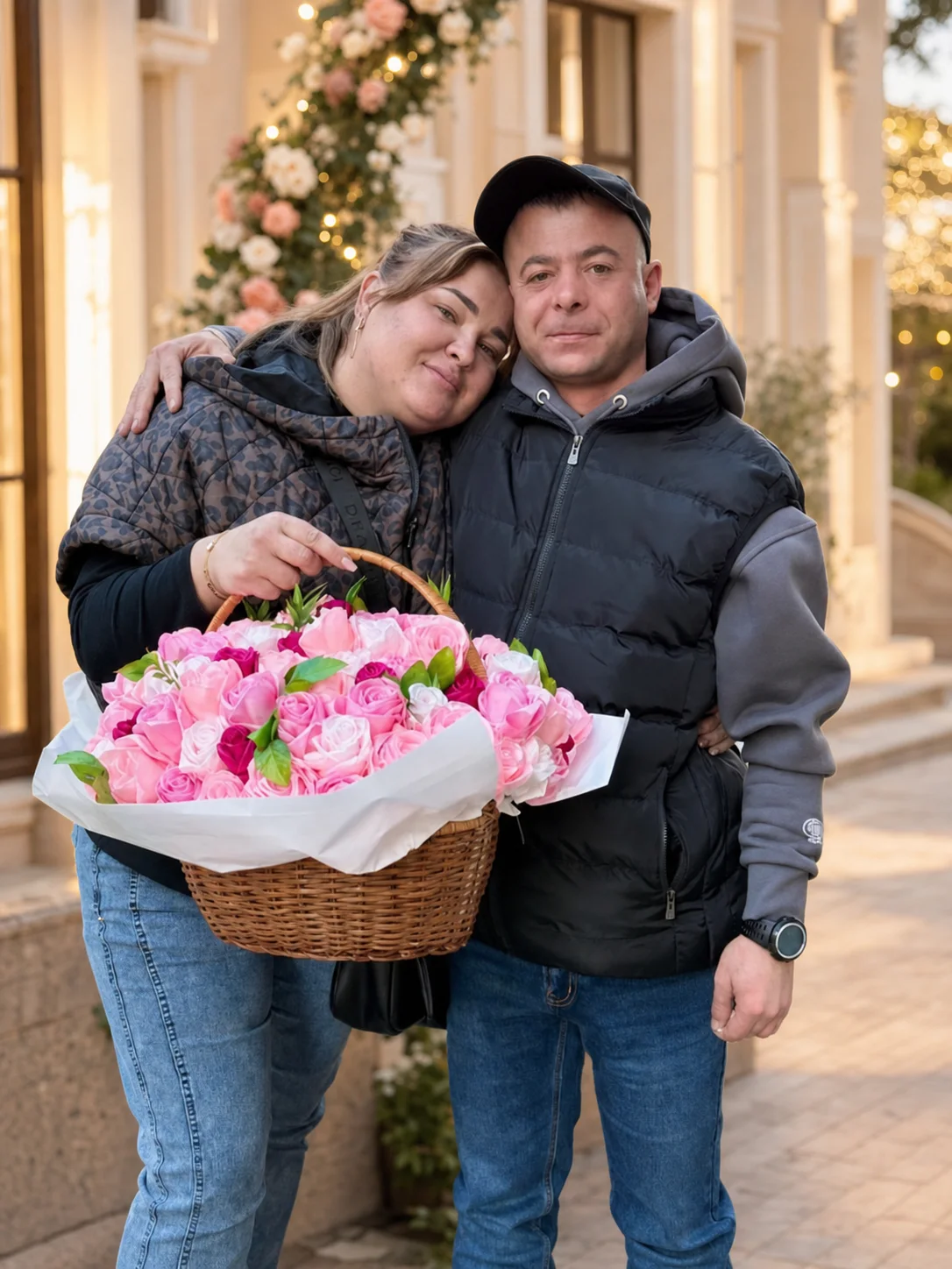 Пара с большой корзиной розовых атласных роз
